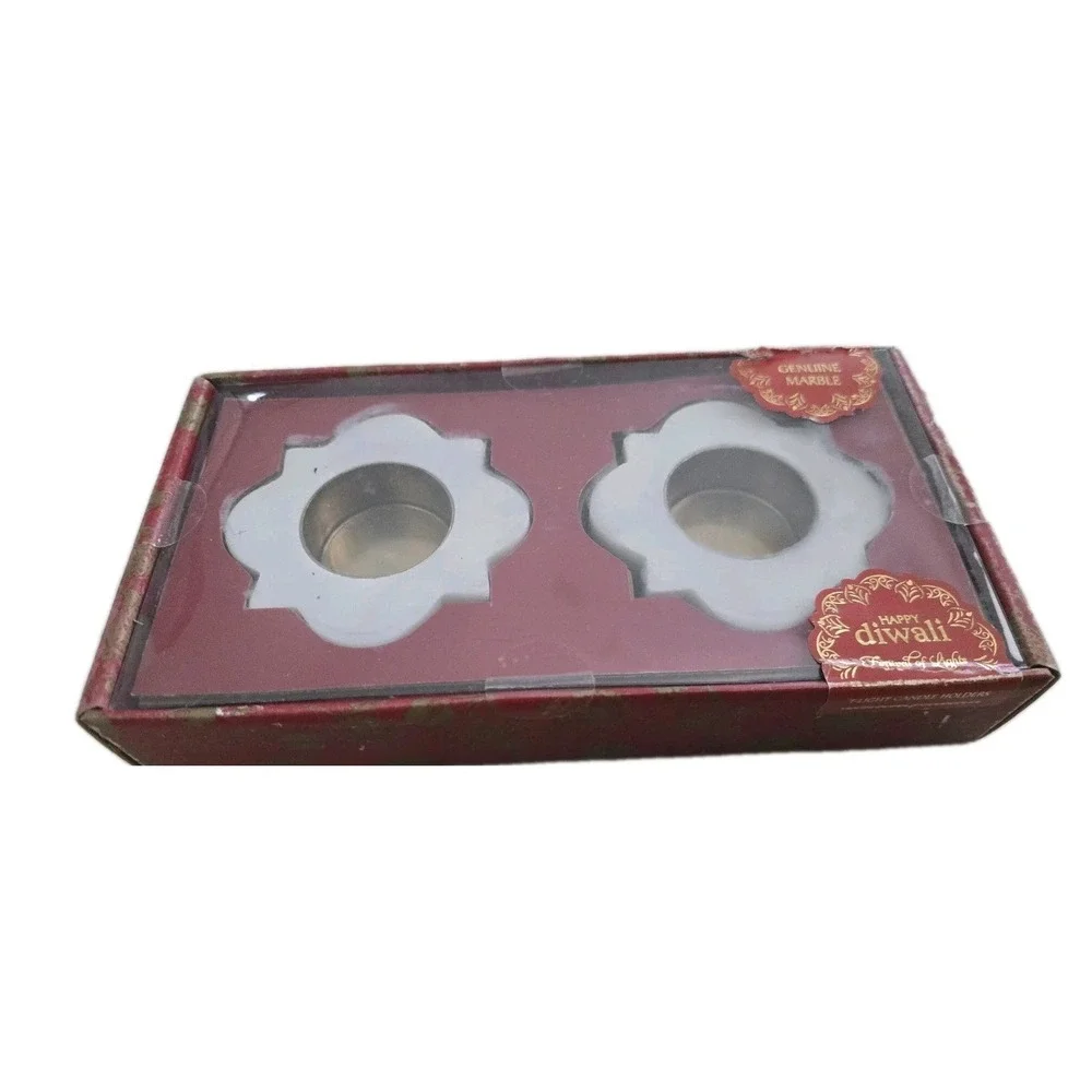 NIB Marble Brass Diwali Diya White Flower Tea Light Holder Minimalist stone deco